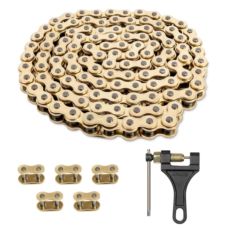 Belleone 520 Gold Motorcycle Chain 112 Links with Chain Breaker, 520 Standard Roller Chain with 5 Connecting Master Links - Image 1